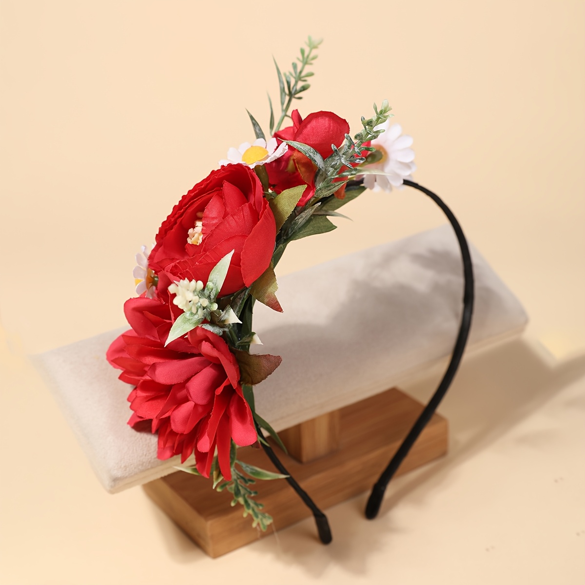 TEMU 1pc European And Simulated Red Flower Headband, Casual Vacation Photo Shoot Hair Accessory, Forest-themed Bridal Women's Headwear