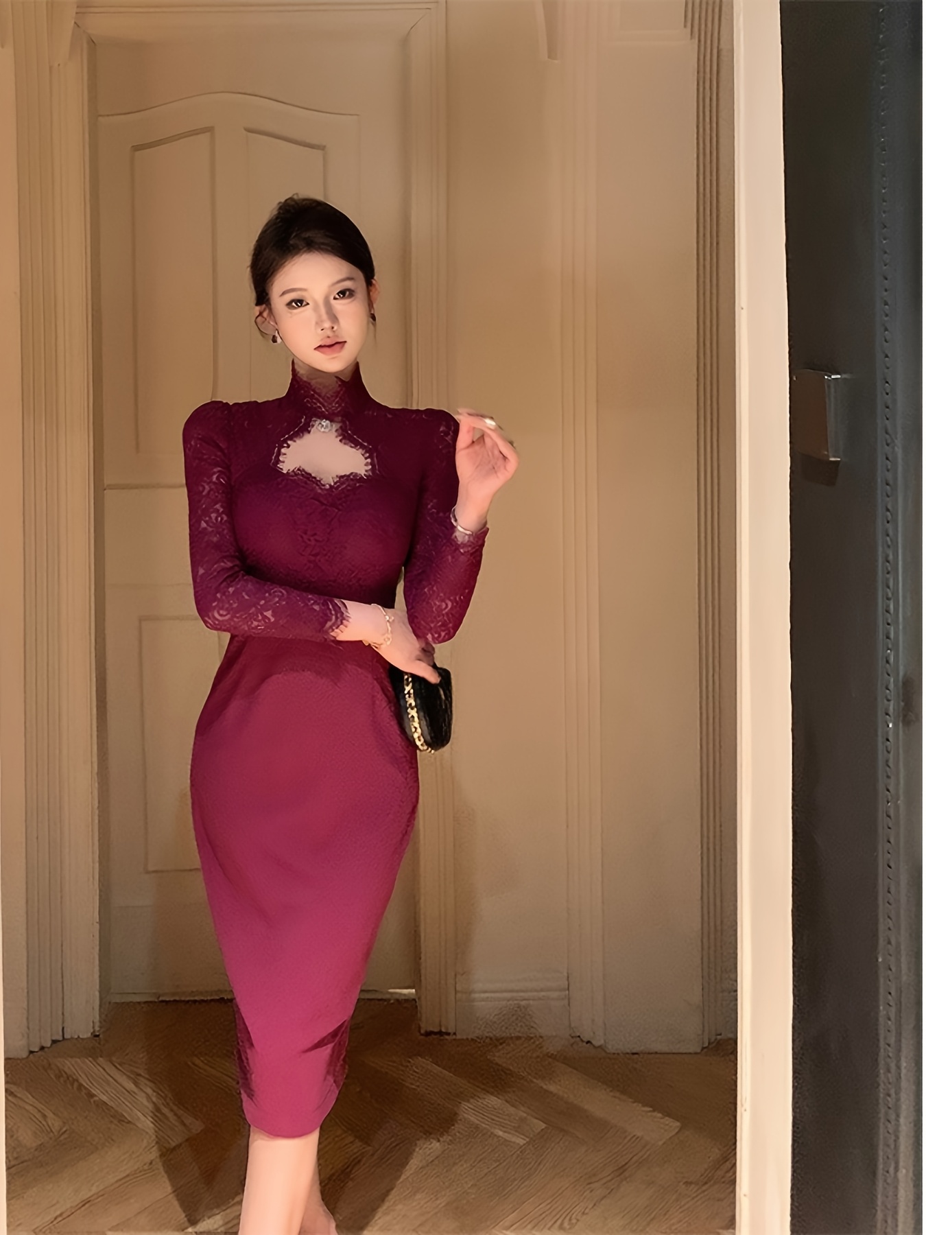 chinese dress ladies Wholesale Burgundy V-Neck Long Sleeve Lace Backless Self-Tie Mini Dress main image 1