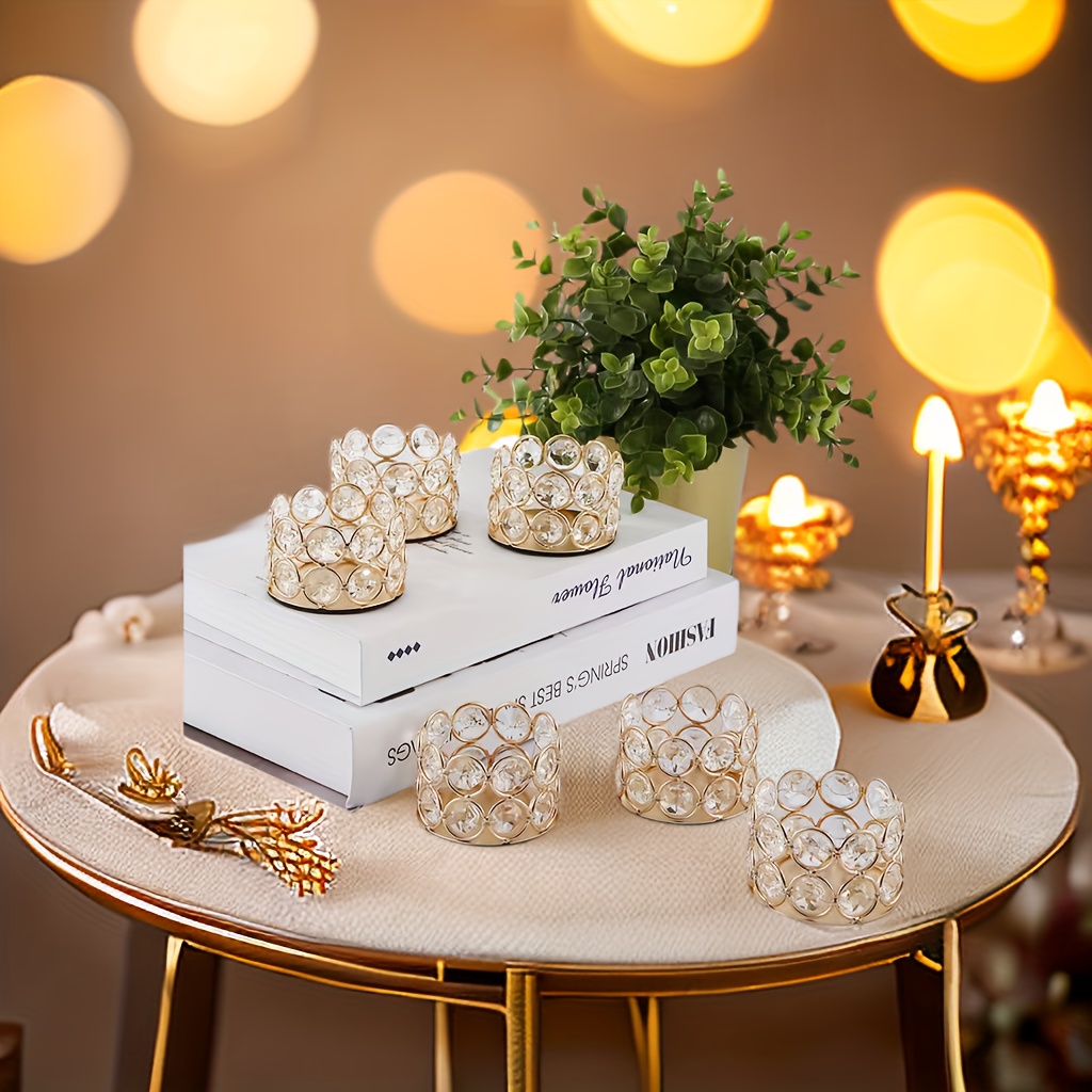 

8 Pieces Of Golden Crystal Wishing Candle Holder Tea Light Table Centerpiece Decoration, Elegantly Decorated With Sparkling Golden Light, Suitable For Wedding Home Decor.