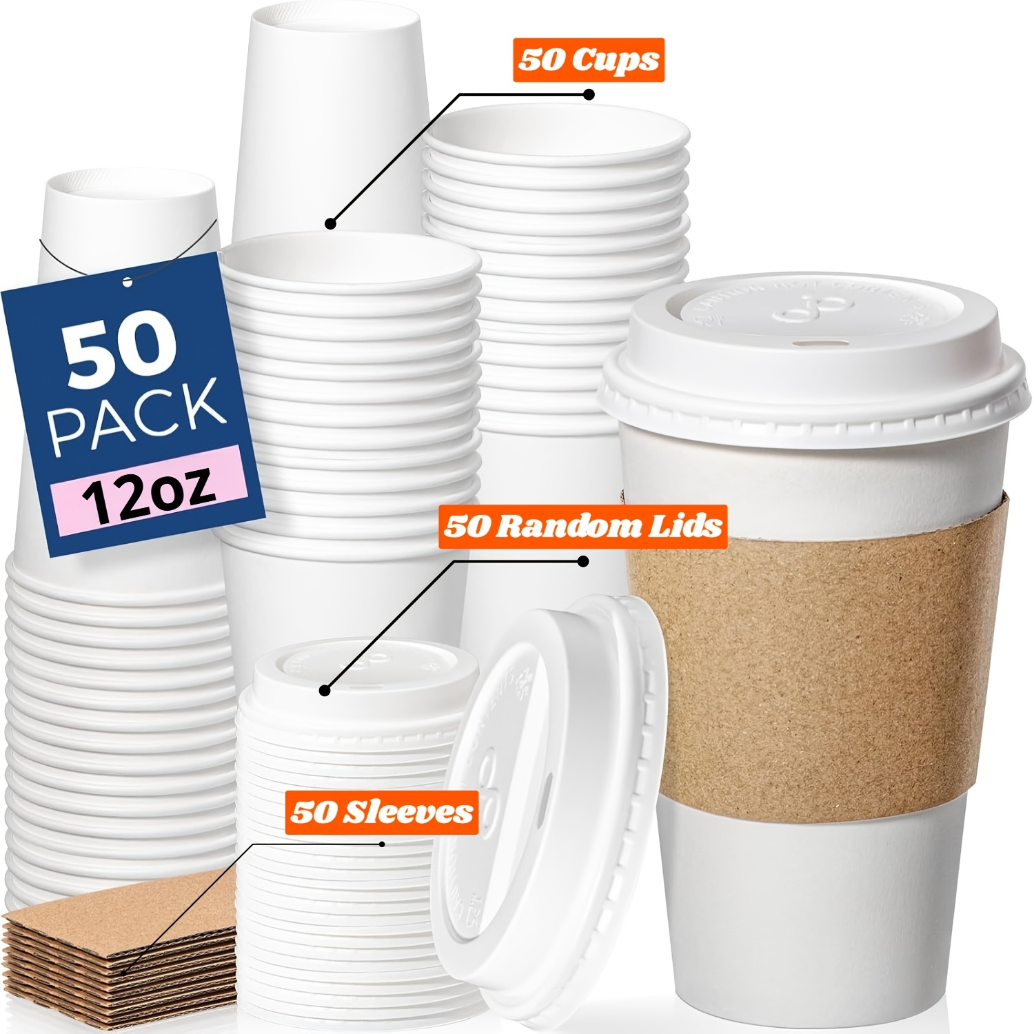 TEMU Lot de 50 gobelets à café réutilisables en papier blanc 12 oz/400 ml avec couvercles et manchons, gobelets épais et étanches à pour boissons