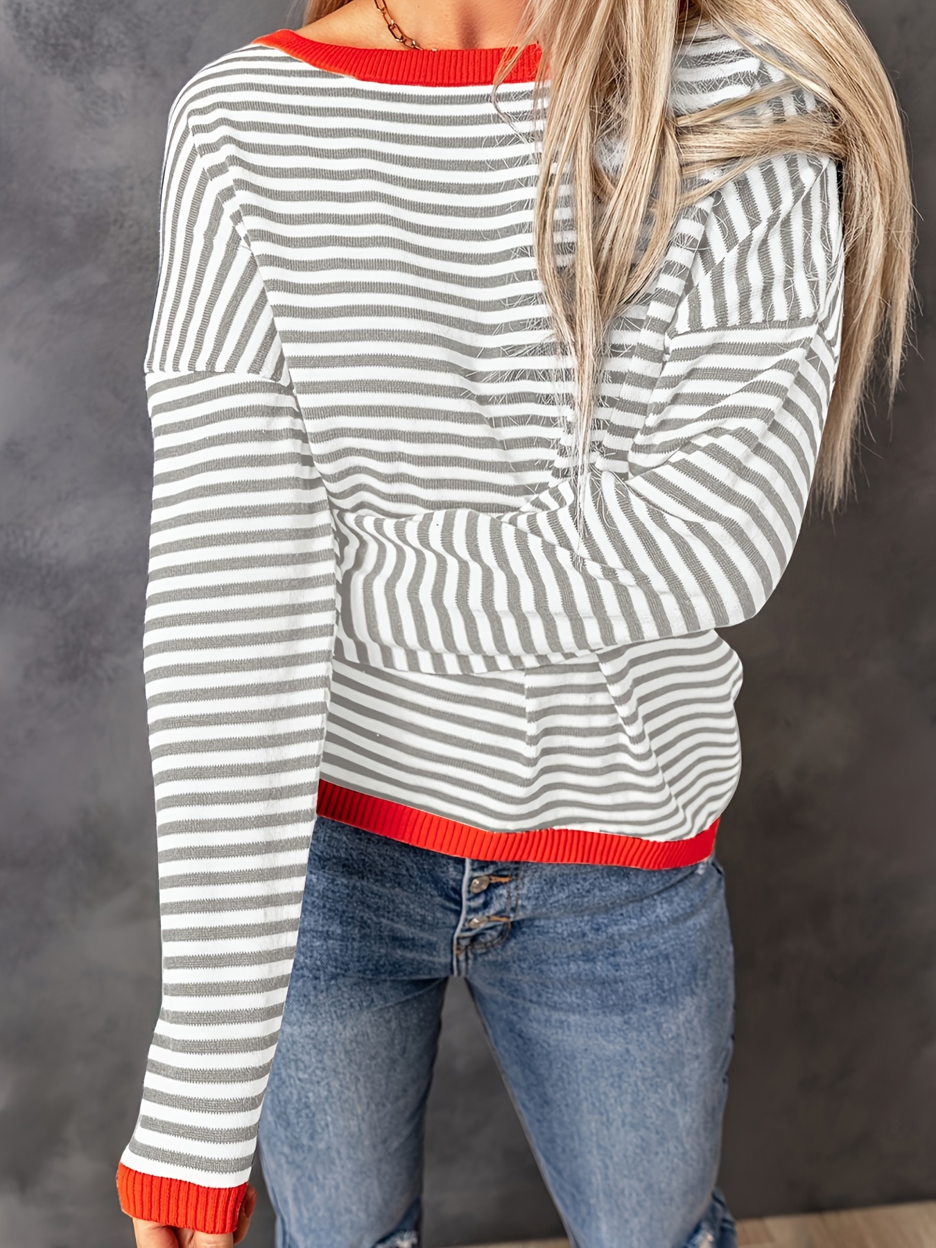 Womens Sweater Contrast Striped Crew Neck Side Stripe Temu