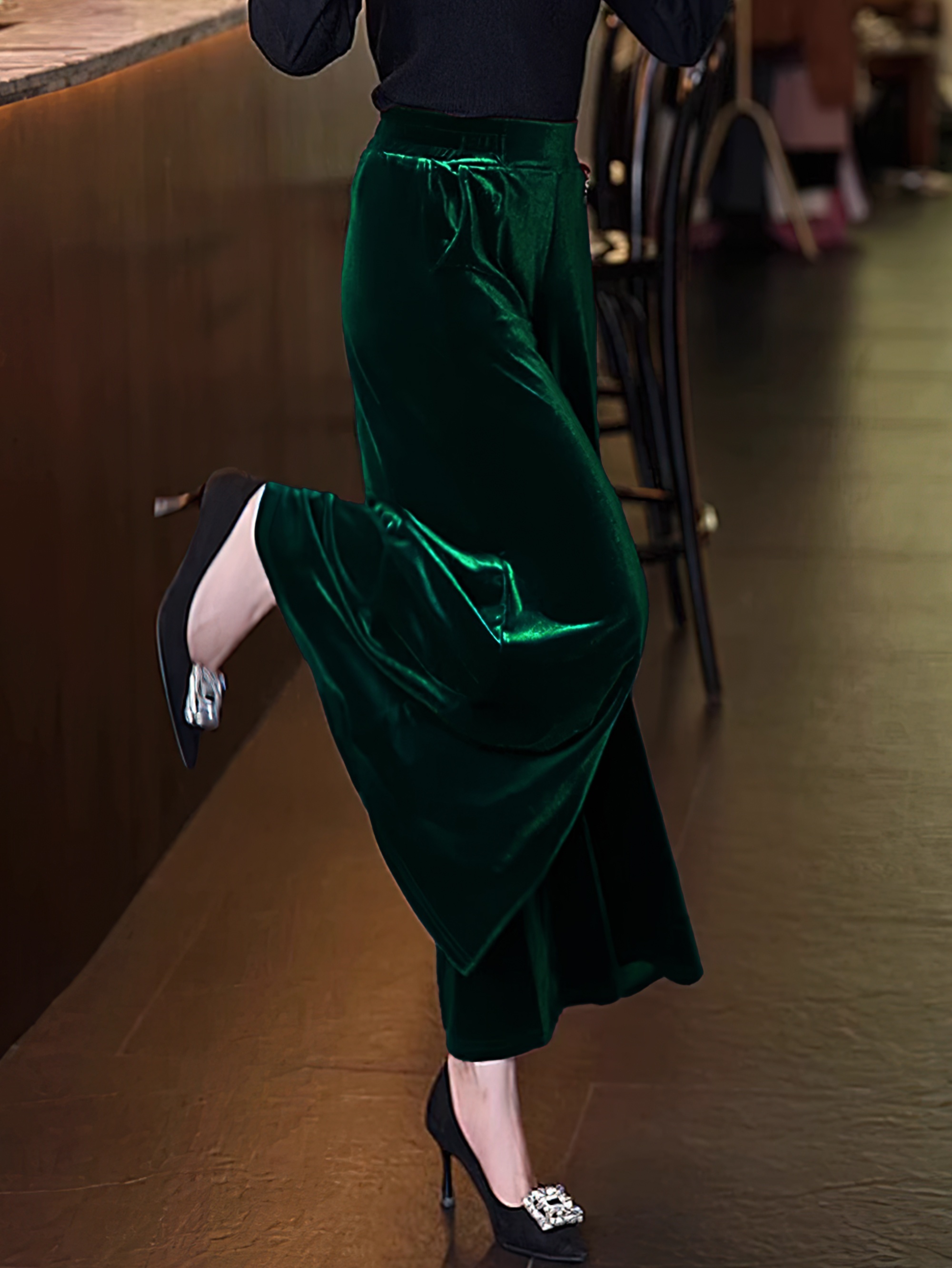 women's elegant velvet wide leg pants pockets high stretch Temu