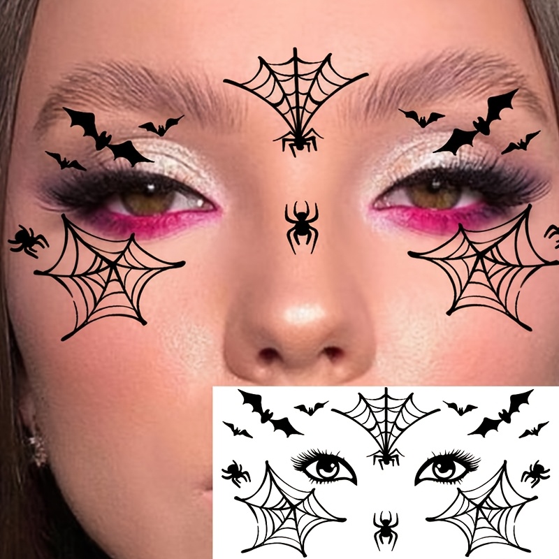 TEMU 1 Sheet Halloween Face Tattoos Eye Eyelid Eye Shadow Eyeliner Tattoo Sticker, Scary Realistic Spiderweb Fake Tattoos Halloween Costume Zombie