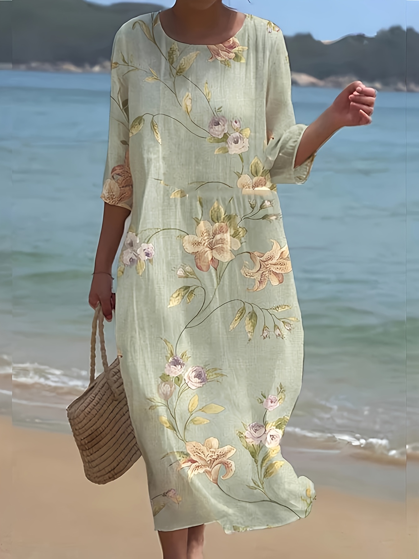 womens light green floral 3 4 sleeve kimono - Temu