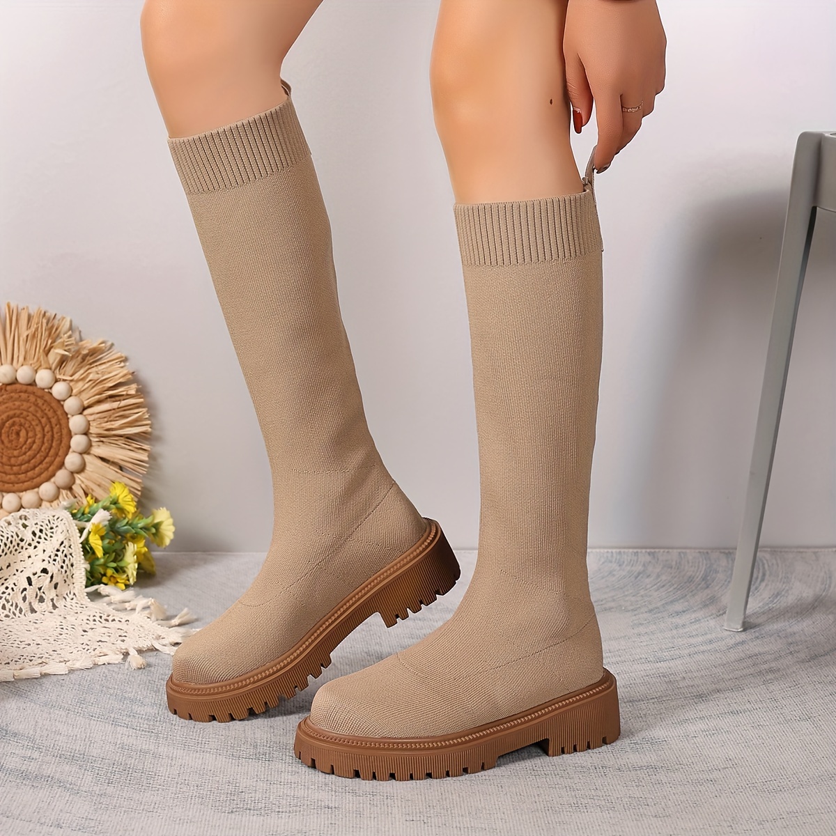 HOT Sock Boots Knee High Stretch Fabric Boots Women's Knee