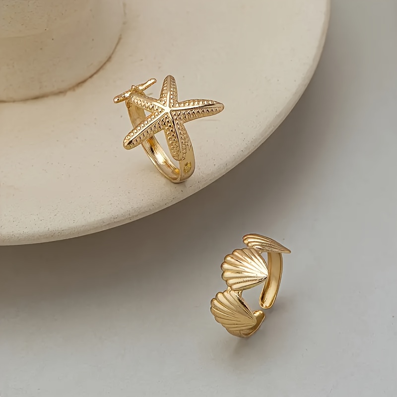2pcs 3D Starfish & Shell Vintage Style Adjustable Ring Set