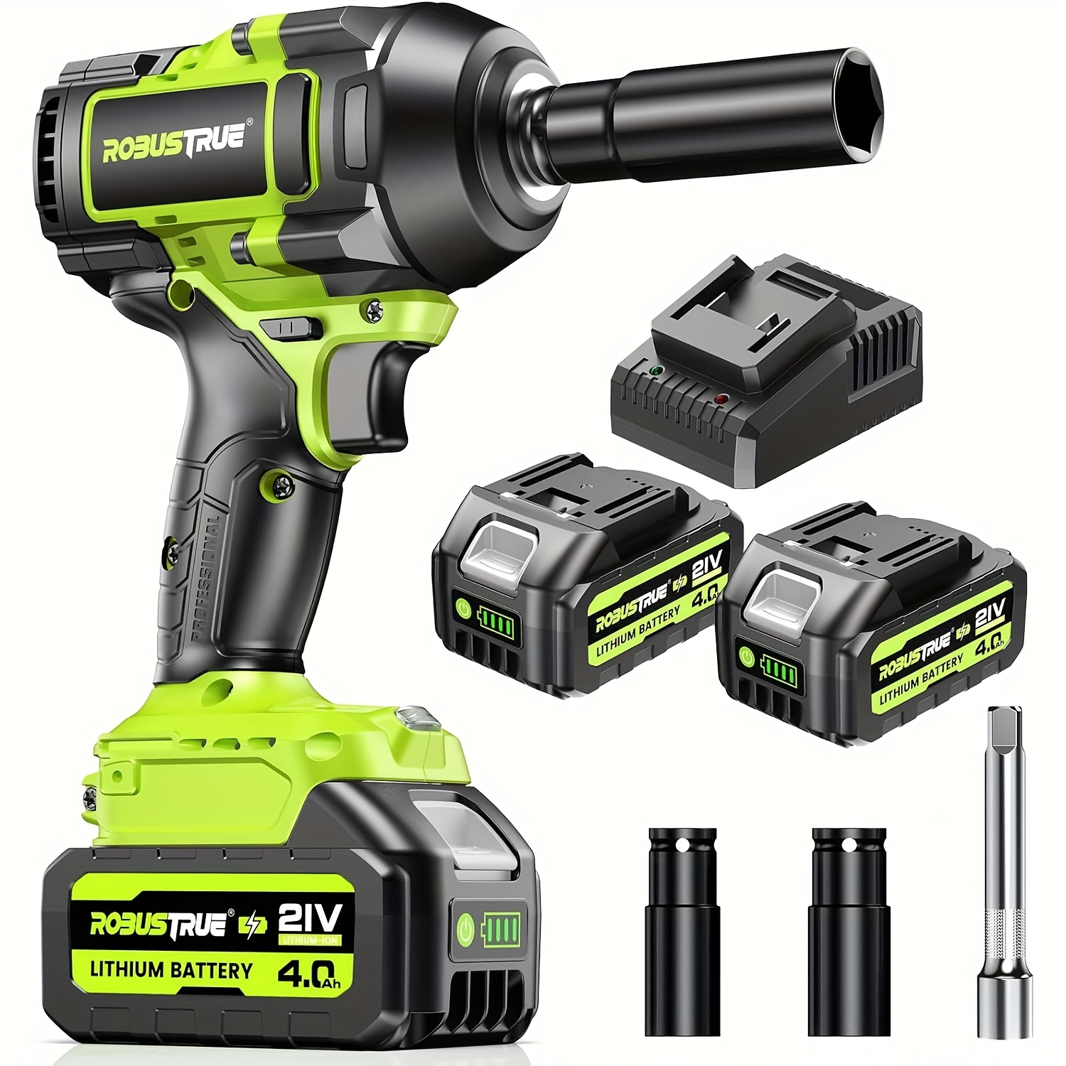 Image of Robustrue 21v Cordless Impact Wrench 1100n.m Max Torque | 2x4.0ah Li- & Quick Charger | Brushless Motor Heavy-duty Electric Wrench For Home Renovation, Automotive Repair, Furniture Assembly