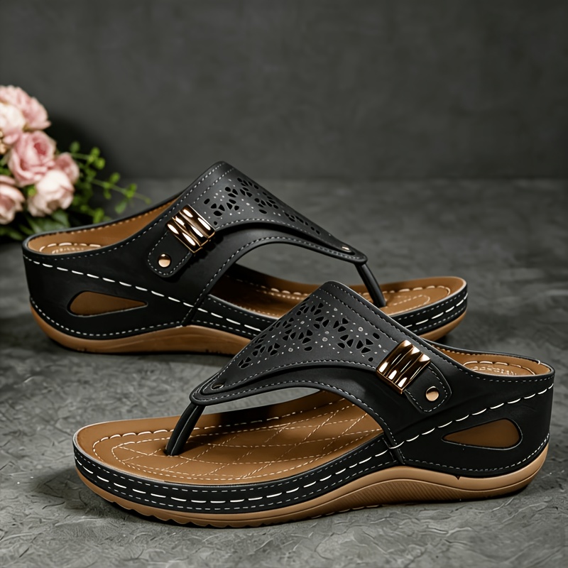 TEMU Vintage Minimalist Women's Flip-flops, Soft Synthetic Overlay Thick Sole Breathable Toe Hole Design, Lightweight Summer Sandals, For Casual Wear