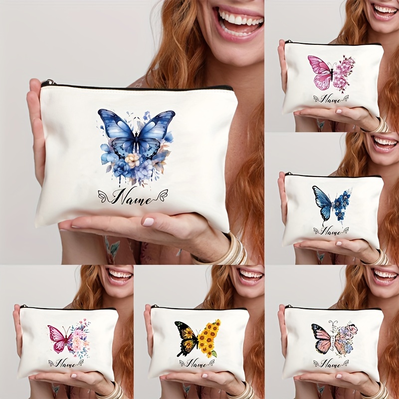 

1 Pc Personalized Name Text Butterfly Print Girl Makeup Cosmetic Pouch Travel Storage Bags Organizer Custom Name Zipper Bag For Lipstick Toiletries