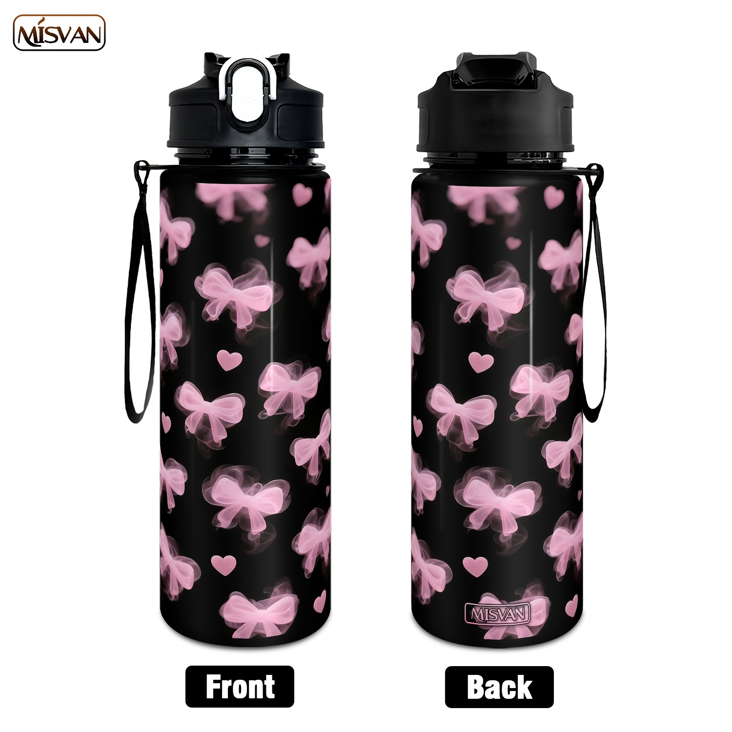 TEMU 1pc, Sheer Pink Bows And Hearts Print, 750ml/25oz Water Bottle | Leak-proof, Open Lid | Large Capacity Ideal For Gym, Cycling, Office, And Home