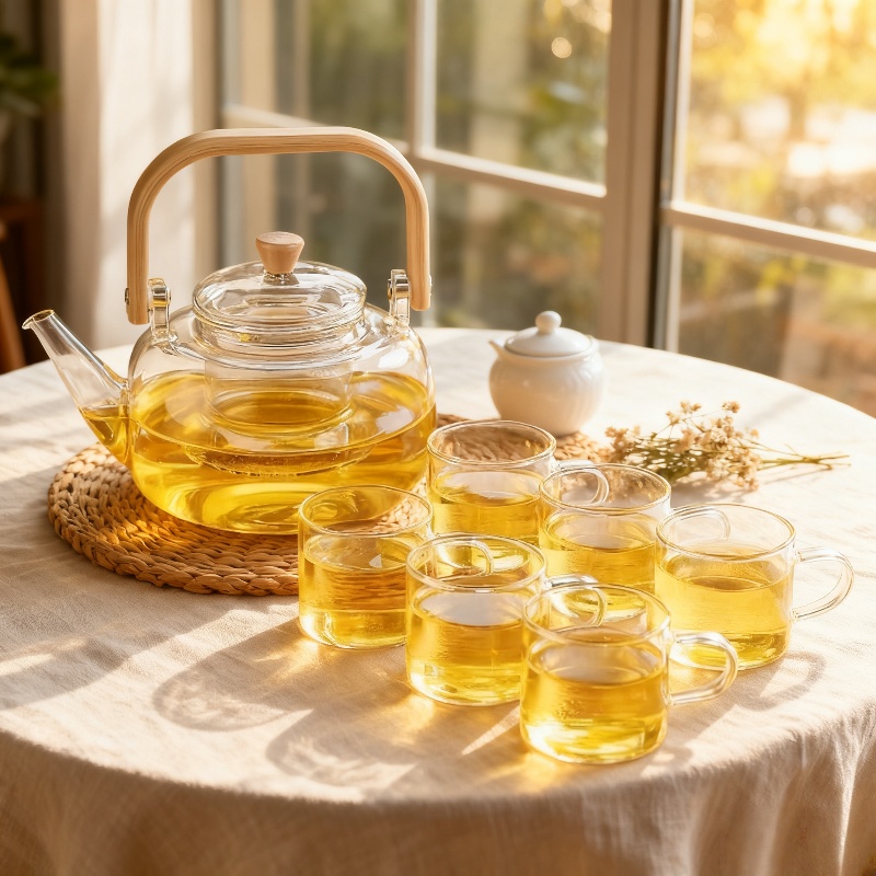 1 Tetera + Juego de 4 Tazas, Juego de Té, Vajilla para Mesa, Hecho de Vidrio de Borosilicato de Alta Resistencia - Resistente al Frío y al Calor, Apto para Placas de Inducción, Ideal para Hogar, Restaurante, Cafetería y Más