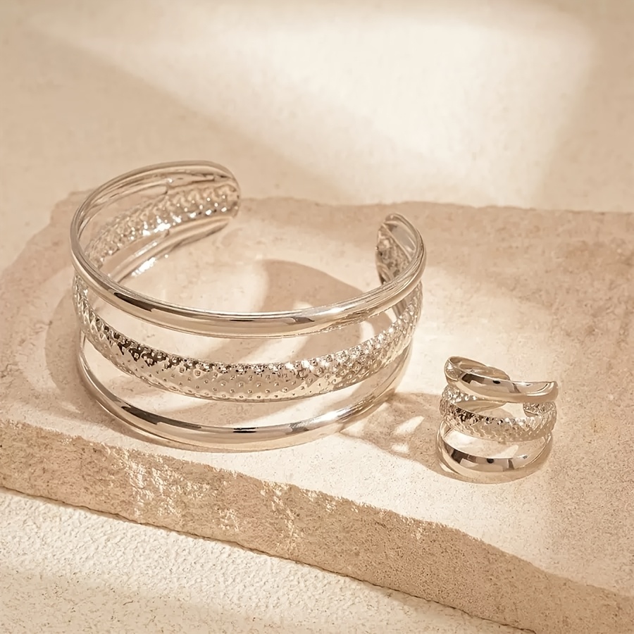TEMU Fashion Easy Metal Geometric Opening Bangle Ring 2pcs Set Women's Additions Ladies Bracelet Women's Additions Small Gift