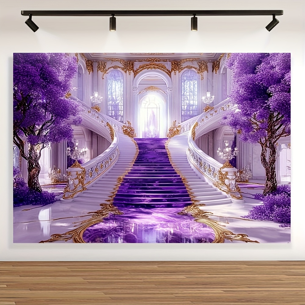 

1pc Elegant Polyester Backdrop Cloth, Purple And Staircase Design, Versatile For Christmas, Spring, Summer, Fall, Valentine's Day, Easy To Hang, No Electricity Or Battery Needed