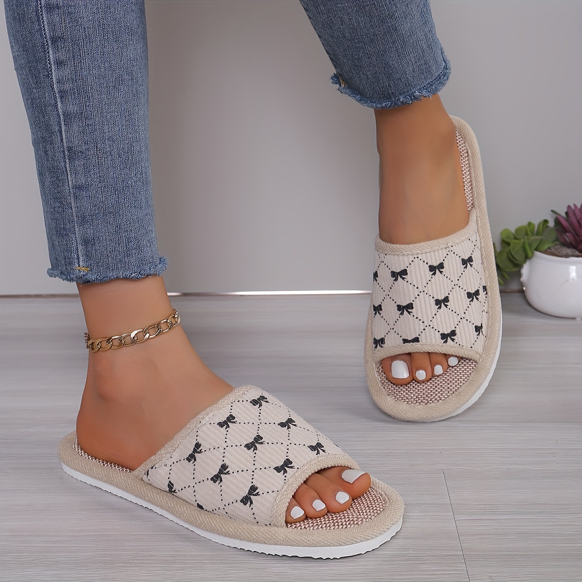 Women'S Summer Slip-on Bowknot Slippers, Breathable Fabric House Shoes, Comfortable All-Season Indoor Slides with EVA Sole, Hand Washable