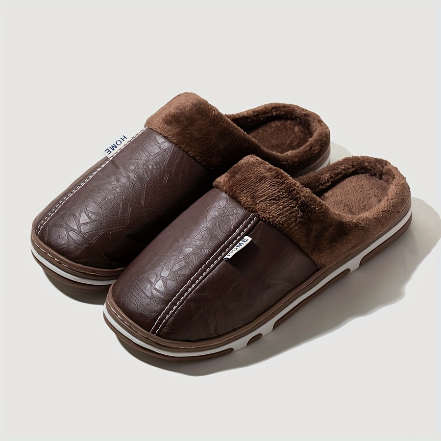 TEMU Fashion Faux Leather Slippers - Waterproof, Thick Sole For Warmth & Non-slip Comfort, Indoor Use In Fall/winter