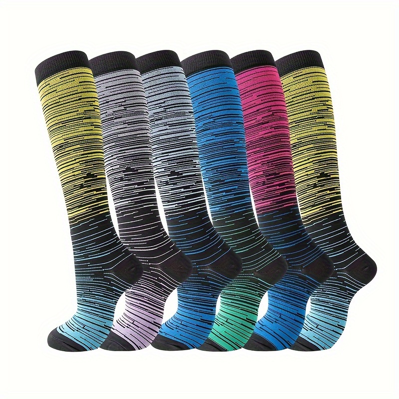 

6 Pairs Of Sports Compression Socks Running Long Calf Men's And Women's Couple Student Socks Compression Socks Running For The Best Support Sports Socks Stripes