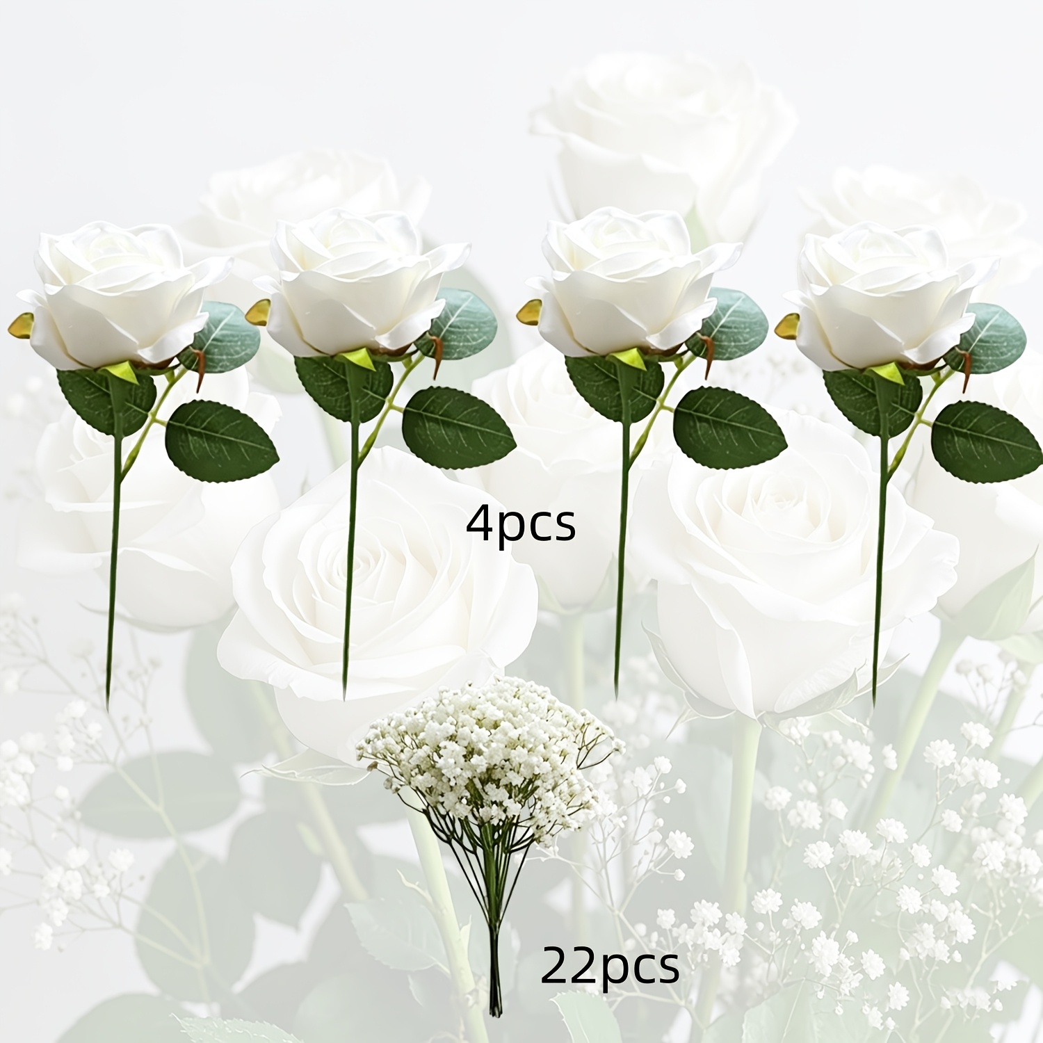 TEMU 26-stem Bouquet - Realistic Artificial Roses And Baby's Breath, Multi-colored Long-stem Fake Flowers With Vibrant Mixed Hues And Natural Leaves.