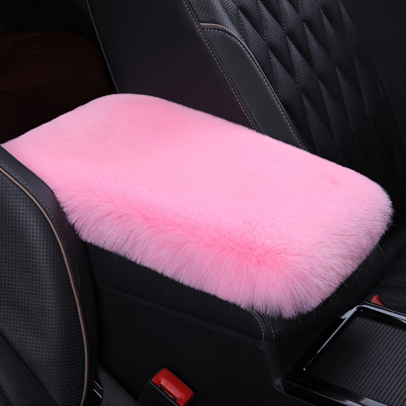 TEMU 1pc Plush Pink Rabbit Fur Car Armrest Cushion - Soft Polyester Interior Accessory For & Style - Protective Pad For Cover - Ideal For