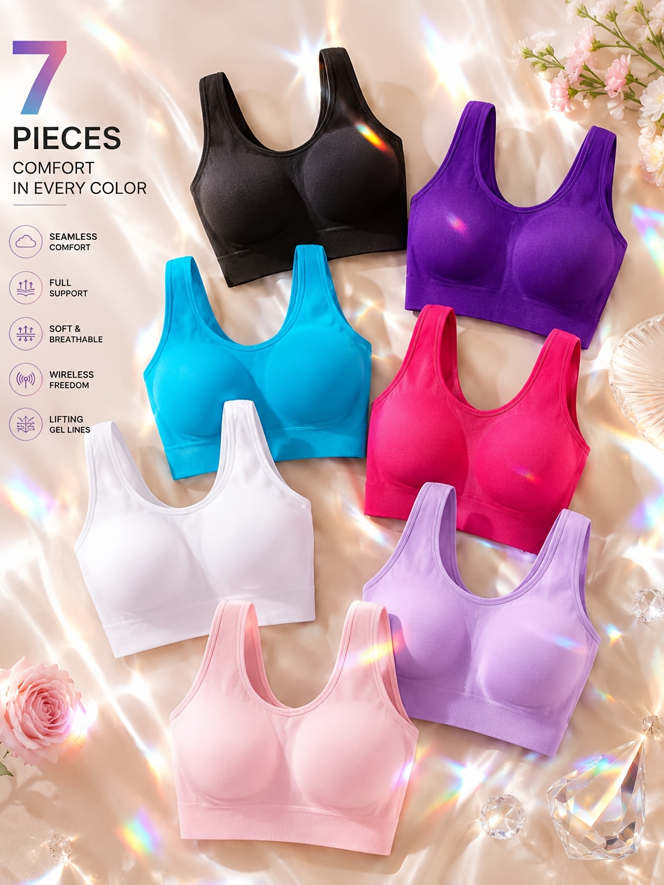 7pcs Set of Women'S Seamless Sports Bras, Lightweight Unpadded Yoga Bras, Fitness Essentials, High-Elasticity Short Sports And Workout Tops