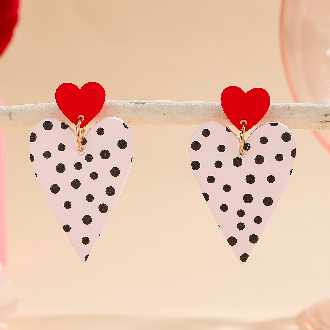 

1 Pair Vintage & Cute Polka Dot Heart Dangle Earrings, Acrylic With Stainless Steel Ear Needle, Elegant, With Ideal Valentine's Day Gift For & Parties