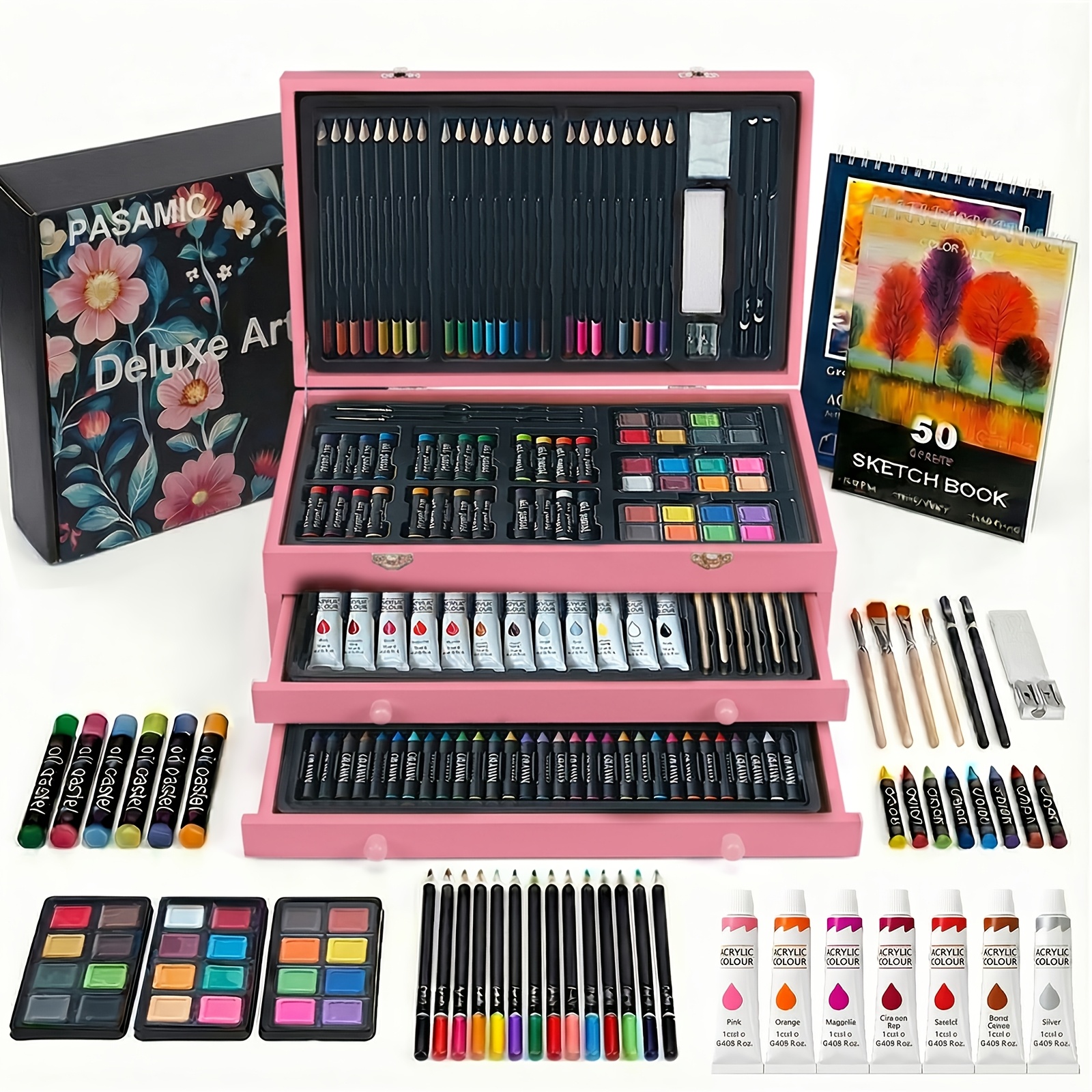 TEMU 173pcs Portable Wooden Art Set With Box & Drawing Pads - Complete Coloring & Drawing Kit Suitable For Artists, Adults, Teens, Kids, Colored