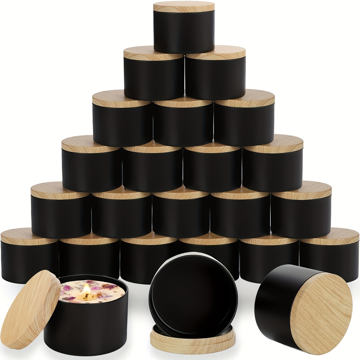 

52pcs Black Candle Making Kit - 4oz Matte Jars With Wood Grain , Wick Holders & Stickers For Diy Crafts And Small Storage