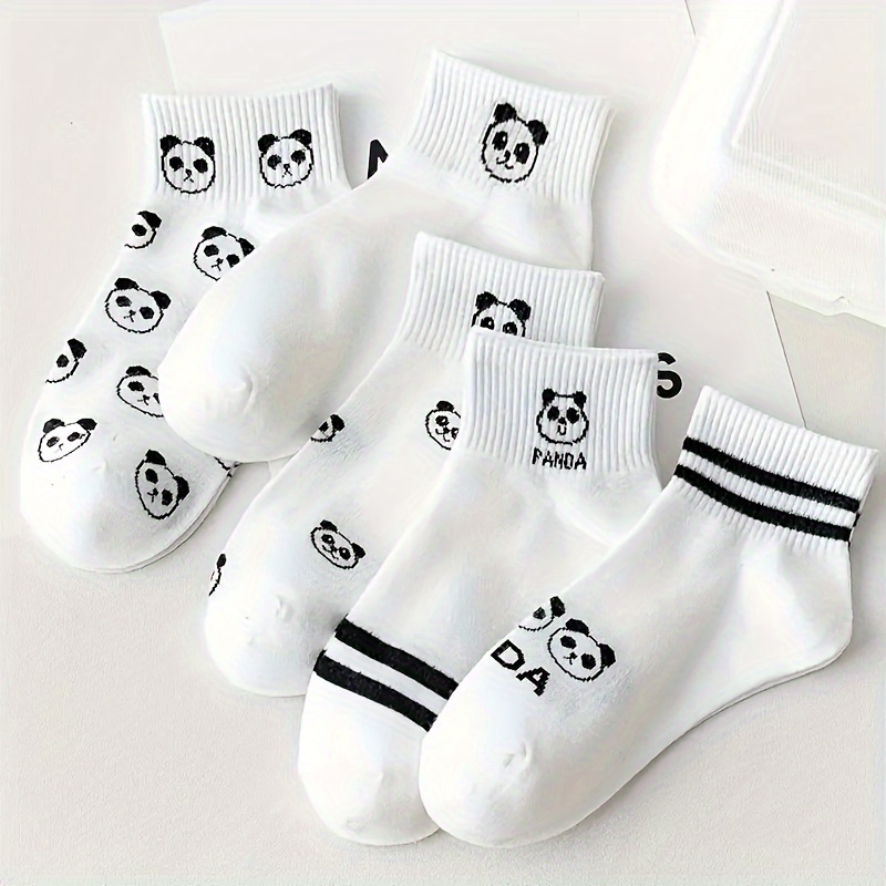 

5 Pairs Cartoon Panda Print Socks, Comfy & Cute Striped Short Socks, Women's Stockings & Hosiery