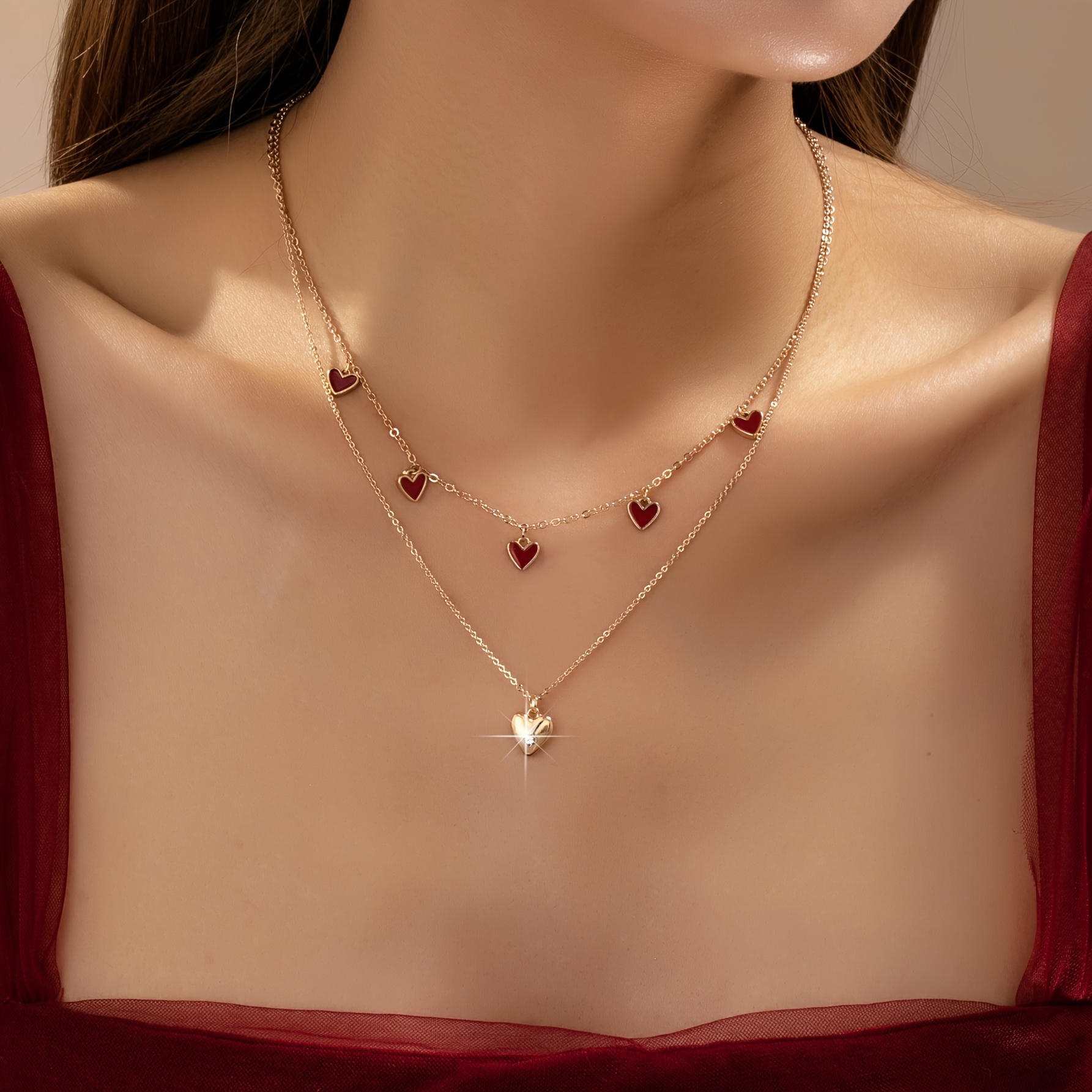 TEMU A Simple And Versatile Minimalist Red Drip- Double-layer Chain Women's Fashion Pendant Necklace