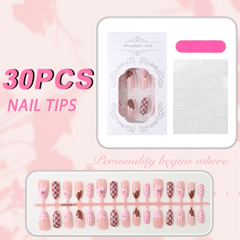TEMU 30pcs Round Press-on Nails, Nude Base, Pink And Brown , Pattern, White Lace Detail, Polka Dot Accent, Glossy Sweet Vintage Style, Ideal For