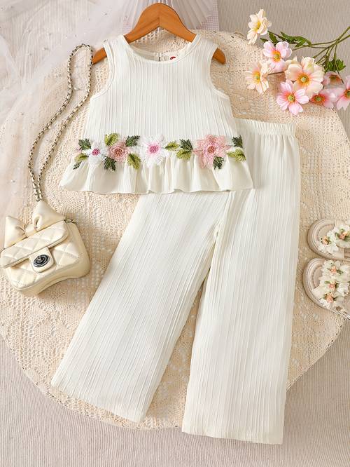 2pcs set girls tank top and wide leg pants set featuring stylish lace trim and ruffle details simple and fashionable design ideal for girls daily casual wear and summer suitable for girls aged 1 8 for daily leisure and sports