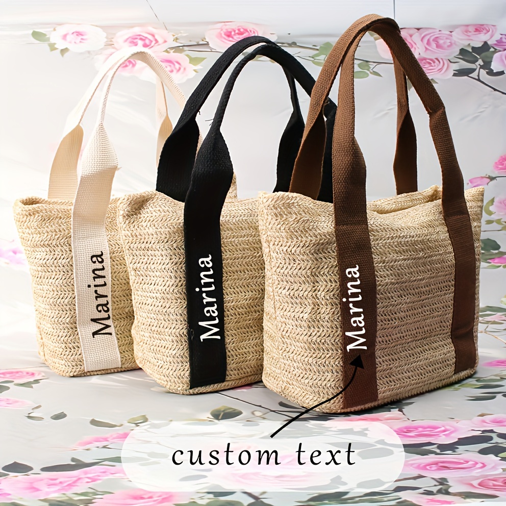 

Custom Name Woven Beach Tote - Elegant Large Capacity With Snap Closure, & Wedding Favors, In Light Brown/white/black