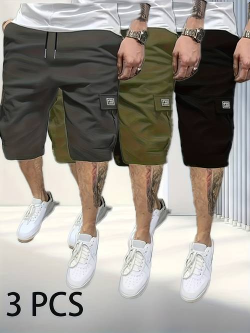 3pcs mens oversized workwear shorts with large pockets letter print heavy wear resistant fabric machine washable loose fit casual outdoor shorts suitable for summer outdoor activities ideal mens gift workwear style