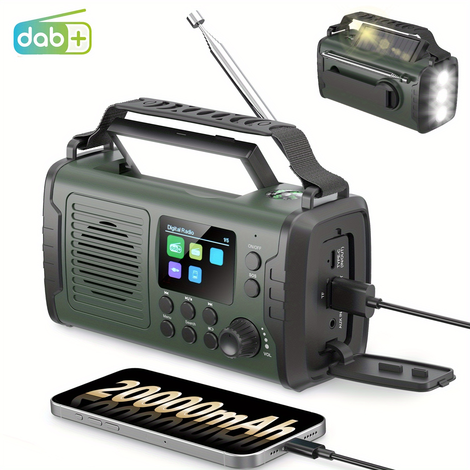 E-shop 20000mAh Notfall-Wetterradio, Tragbares DAB/FM-Handkurbel-Radio mit USB/Solar/Handkurbelladung, Kopfhöreranschluss und SOS-Alarmlampe für