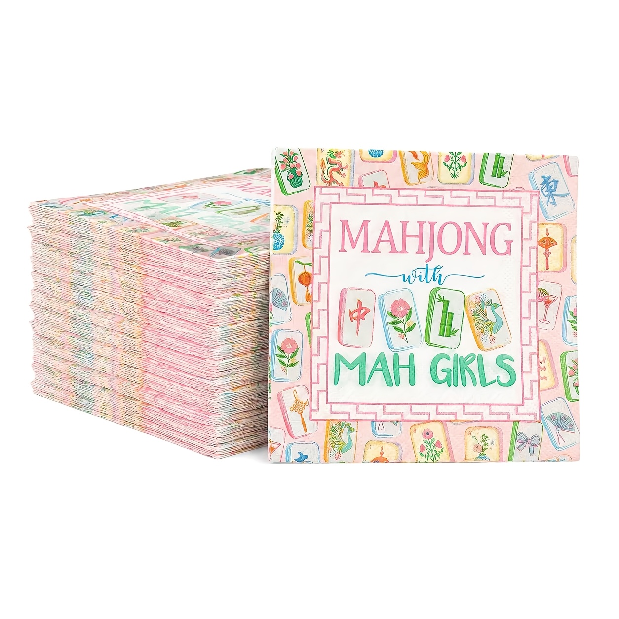 TEMU Lot de 20/40/60/100 serviettes originales sur le thème du Mahjong, mouchoirs de fête à imprimé tuiles de Mahjong colorées, décorations de table