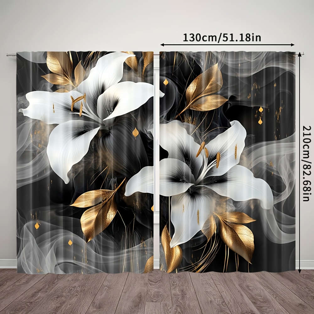 TEMU 2pcs, Curtains, Black & White Floral Print, Machine Washable Fabric, For Ideal For Kitchen, Living Room, Bedroom Decoration, (without Rod)