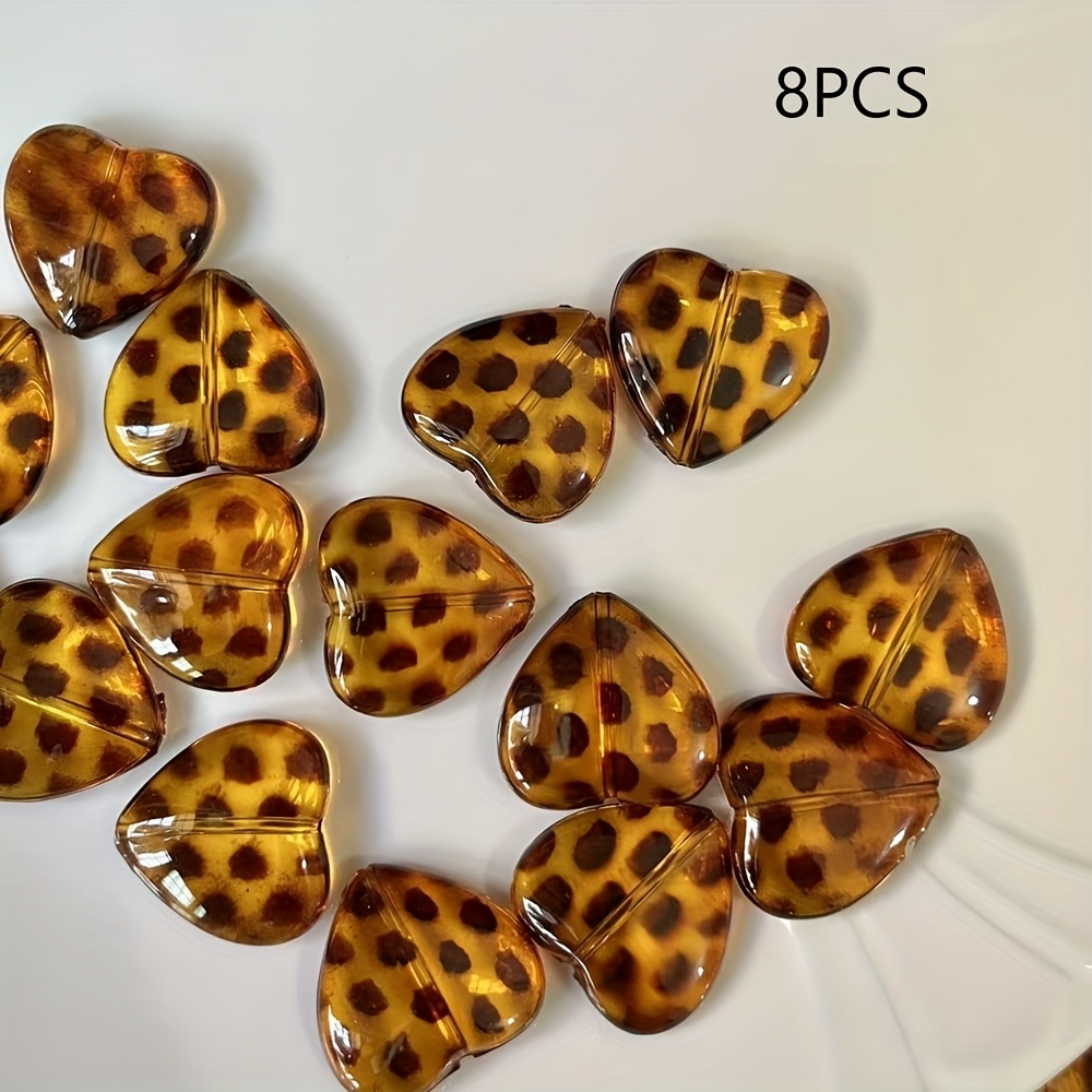 8 Amber Heart-shaped Leopard Print Beads For Making, Small , Crafts And Phone Chain Design Decorative Beads Beads & Bead Assortments