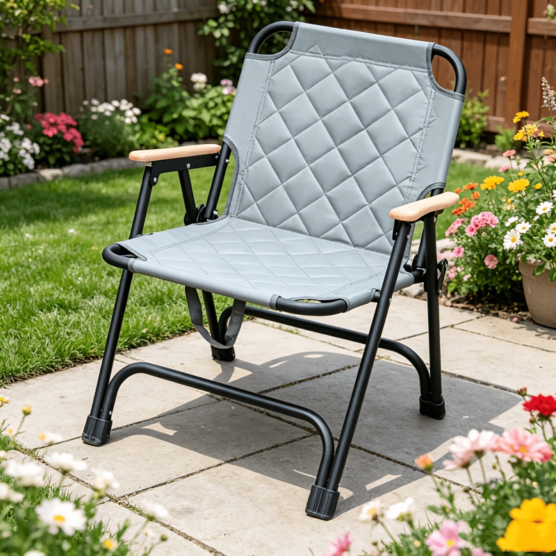 Patio Rocking Chair Outdoor Patio Folding Chair, Padded Foldable Camping Chair with Wooden Armrest, Lightweight Portable Lawn Chair for Backyard, Deck, Garden And Balcony