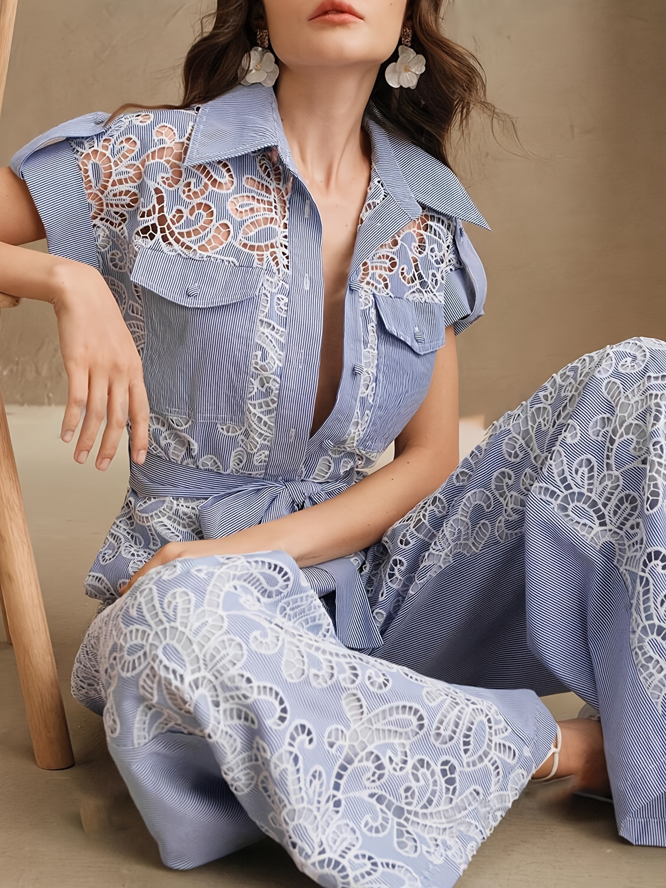 elegant straight jumpsuit a lace hollow belt Temu New Zealand