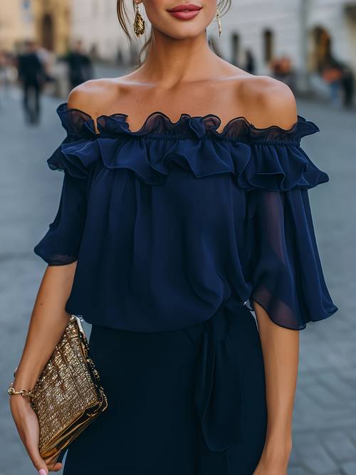 off the shoulder ruffle top elegant chiffon sleeve blouse