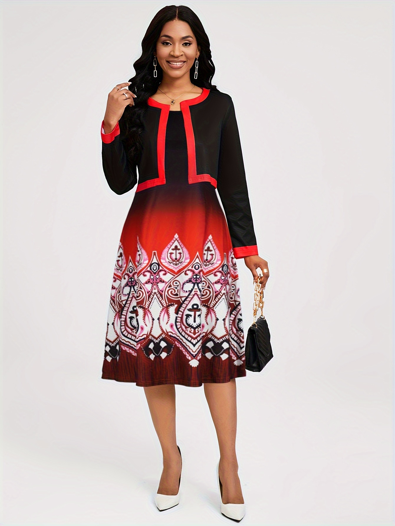 Элегантный комплект из двух частей, верхняя одежда с открытой передней частью и контрастной отделкой, платье с круглым вырезом и рукавами в этническом стиле, женская одежда