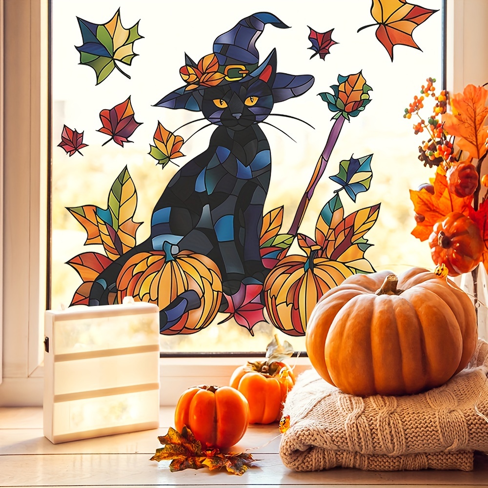 1pc Halloween Wall Sticker - Black Cat, Pumpkin, And Maple Leaf Design Glass Window Decal, Suitable For Decorating Glass Doors And Windows