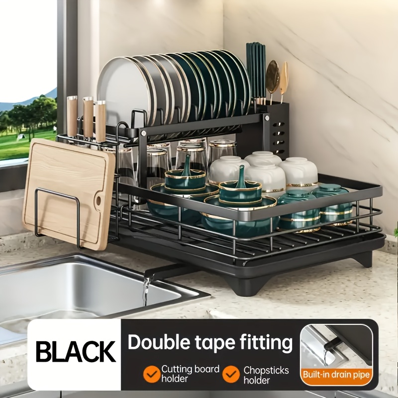 TEMU 2-tier Iron Dish Drying Rack With , Cutlery Holder, Knife & Glass Storage – Black Kitchen Countertop Organizer For Plates, Cups, And Utensils – Perfect Gift For Women, Wives, And Mothers