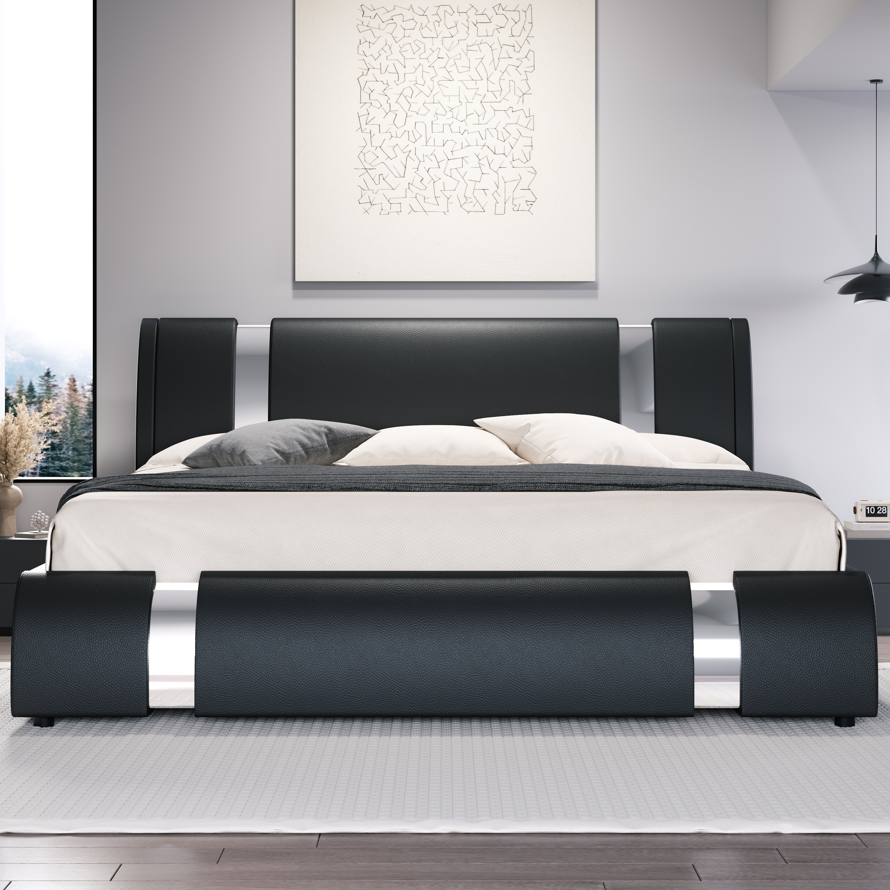 

Hoomic Modern King Faux Leather Bed Frame With Iron Pieces Decor, Low Profile Platform Bed With Height-adjustable Headboard, Solid Wood Slat Support, No Box Spring Needed