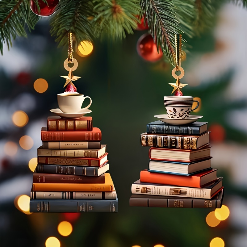 

Acrylic Christmas Tree Ornament - Stack Of Books With Coffee Cup Design, Decoration For Backpack, Car, And Including Christmas, , Hanukkah, Thanksgiving, New Year - No Battery Required