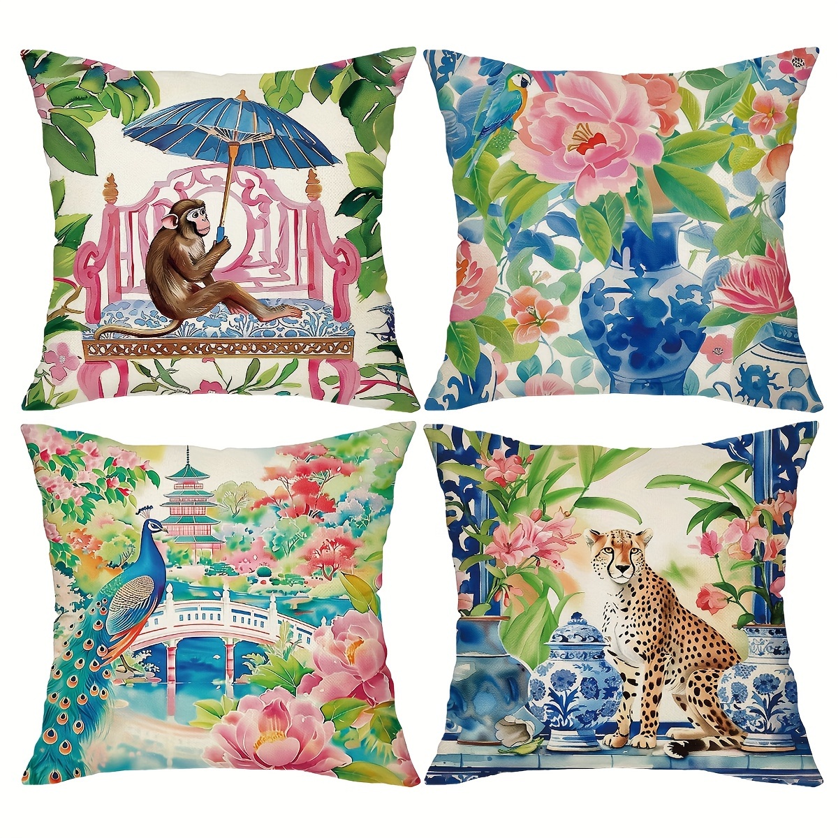 

4-piece Vintage Blue & White Floral & Peacock Throw Pillow Covers - 18x18 Inch, Linen Blend, Zip Closure - Perfect For Living Room, Patio, And Bedroom Decor