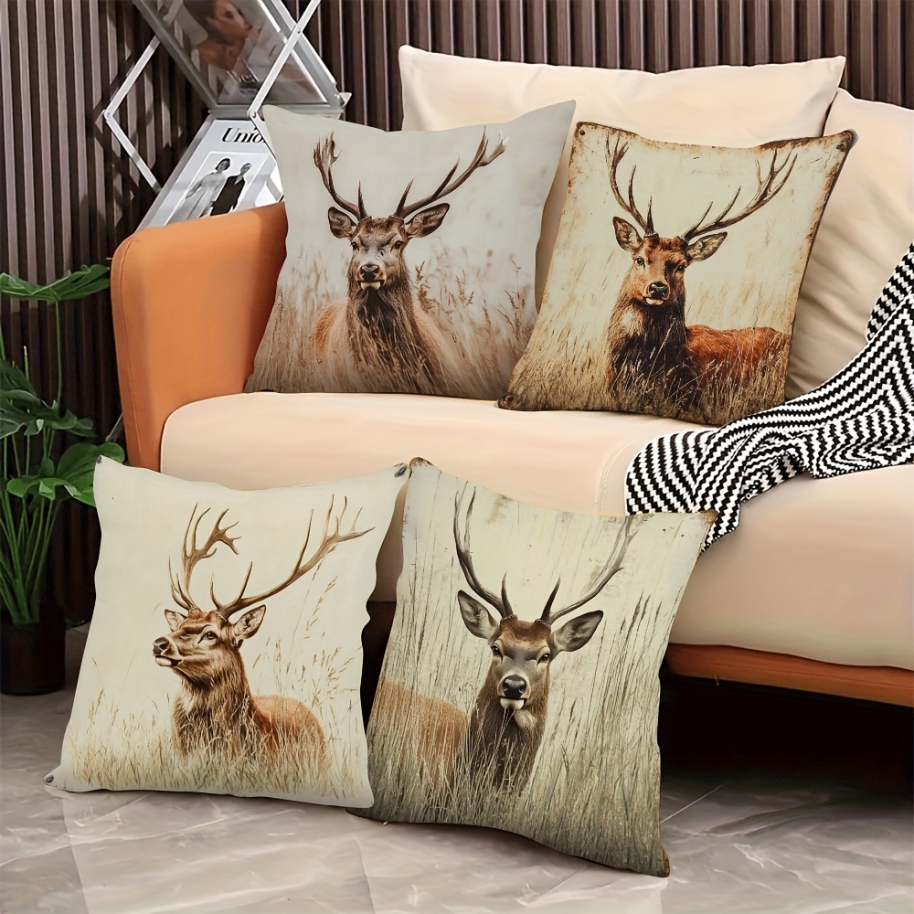 

4pcs Deer Stag Short Plush Pillow Cover For Living Room, Bedroom, And Office Decor 18×18inch/45×45cm