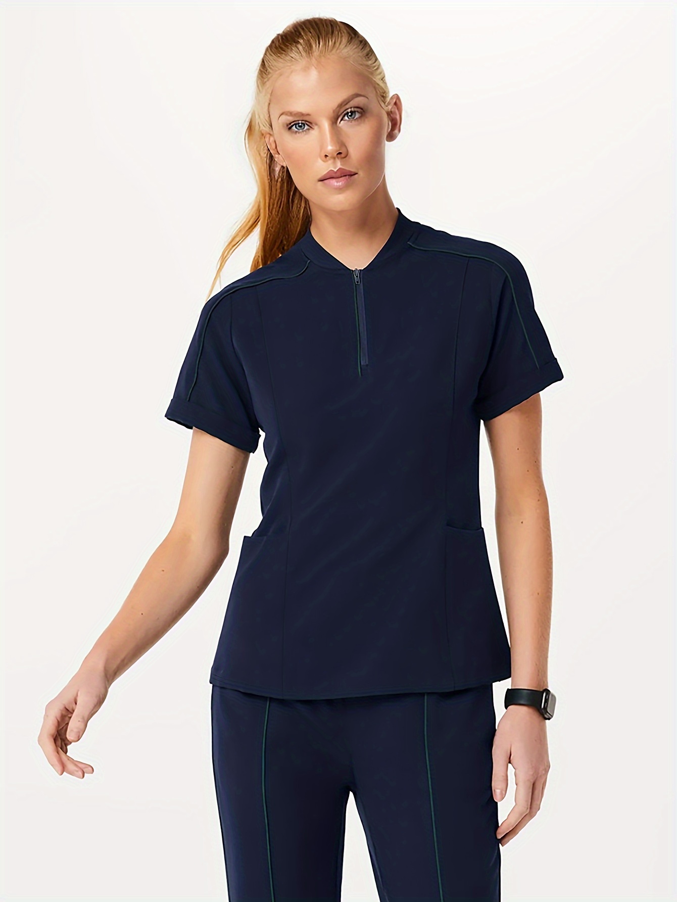 Doktor, Hemşire, Doktor, Diş Hekimi için Nefes Alabilir ve Rahat Sağlık Bakımı Üniforma, Kadın İş Giyimleri, V-Yaka 2 Cebi Bulunan Modern 2 Parça Tek Renkli Tıbbi Üniforma Takımı + Esnek Bel Tıbbi Alt Giysiler