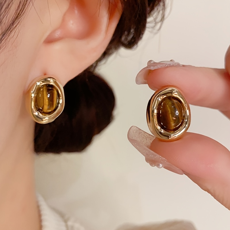TEMU 1 Pair Women's Plated Brown Resin Earrings - Minimalist Retro Geometric Hoops/square Studs Suitable For Daily Wear, Vacation, Outfits, Coating