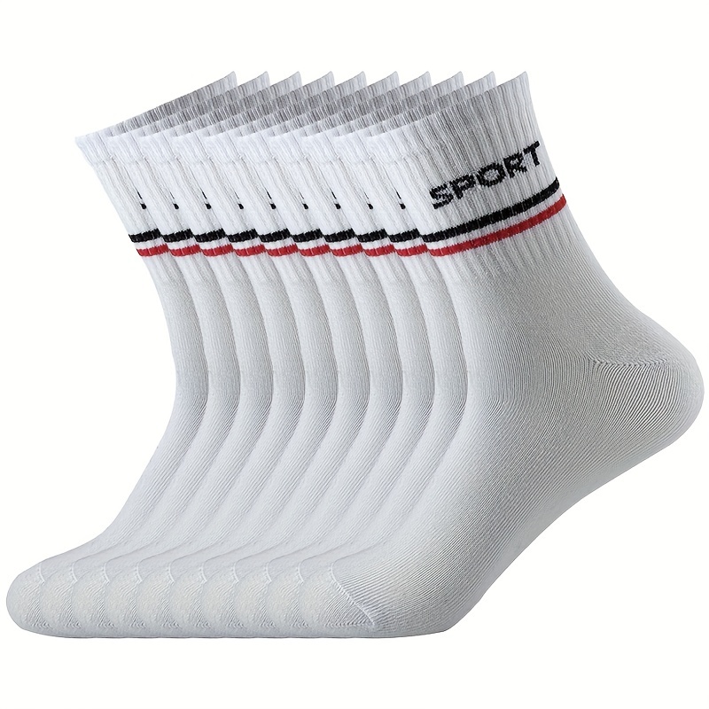 TEMU Pack Of 10 Pairs Men's Mid-calf Socks Breathable Long Socks Solid Color Versatile Sports Letter Casual Men's Socks