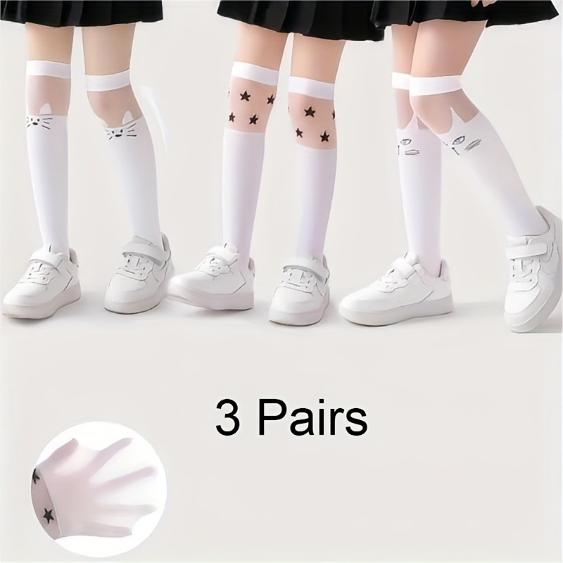 Image of 3-pair Girls' Cartoon Cute Over-the-knee Mid-calf Socks, Soft, Comfortable, And Stretchy Tights, Suitable For Spring, Summer, And Autumn